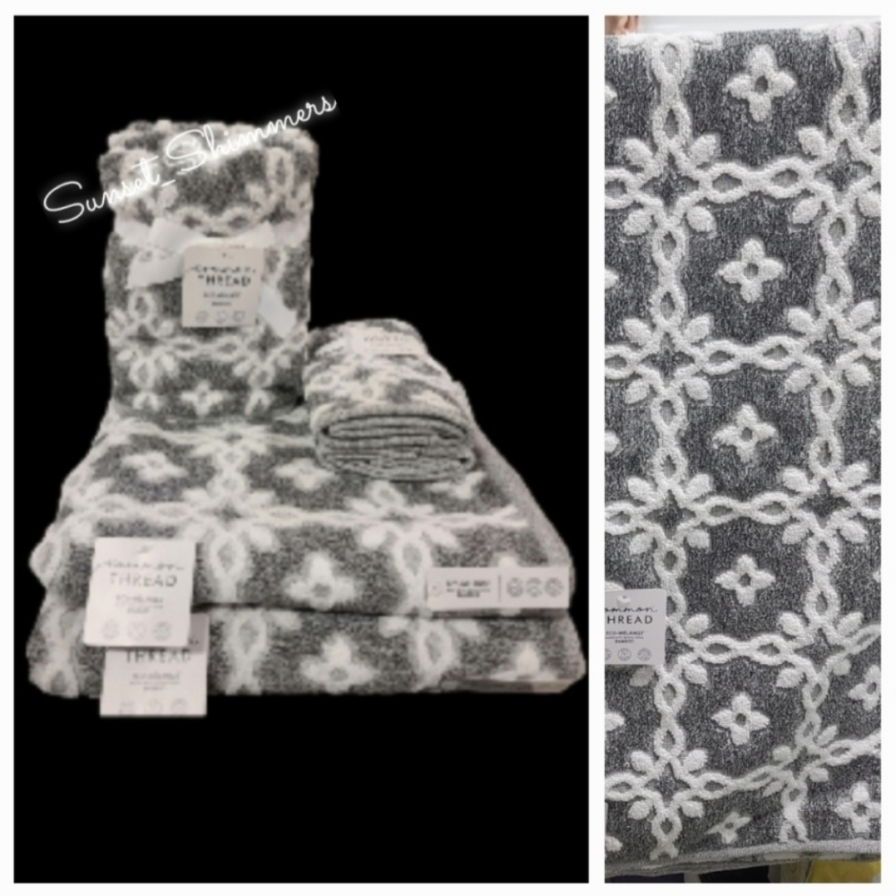 6pc Common Thread Plush Bath Hand Tip Towel Set Gray White Damask Zero Twist New